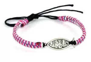 PULSERA TELA ICTHUS JESÚS LILA ROSA